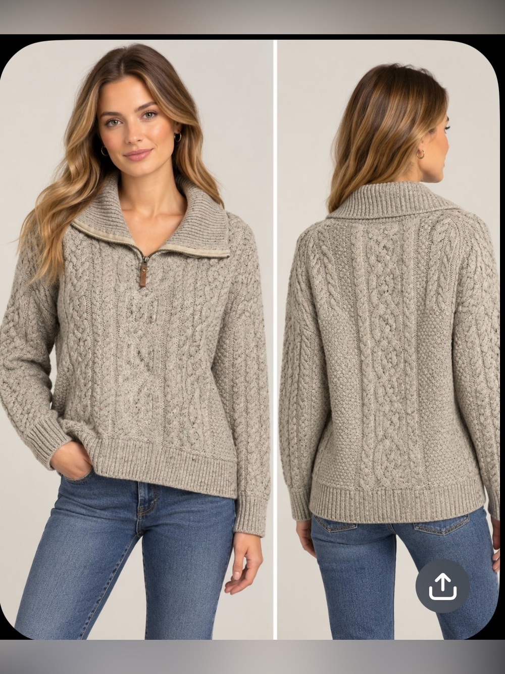 Aran Crafts Taupe Cable-Knit Half-Zip Turtleneck Sweater